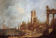 Francesco Guardi Hamnstad with classical ruins Italy oil on canvas